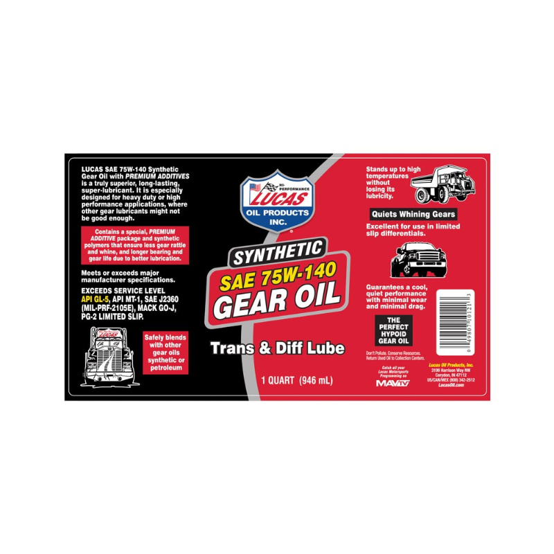 Lucas - Synthetic SAE 75W-140 Trans & Diff Lube - 12/1qt