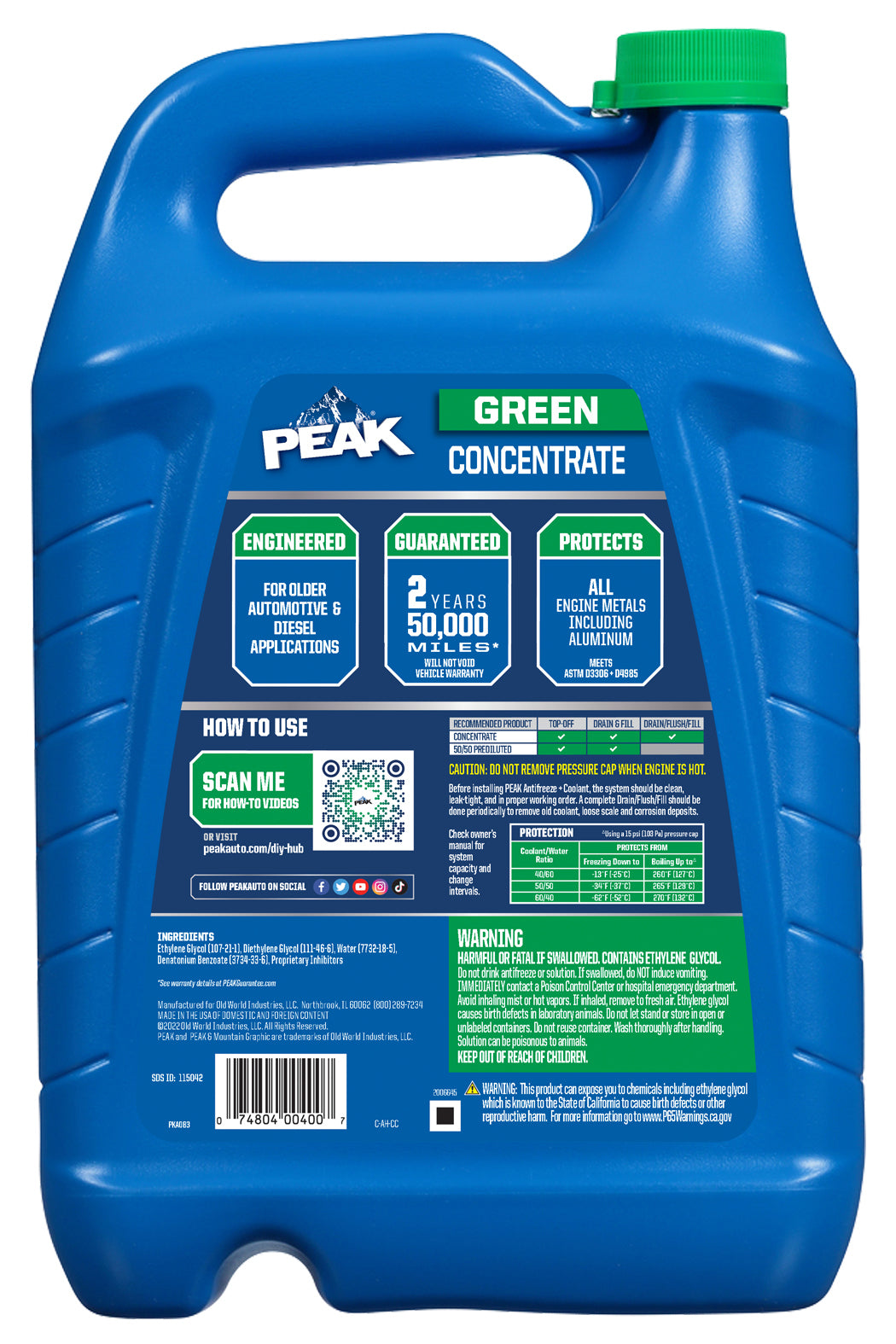 PEAK - Anticongelante convencional de máxima potencia, de color verde, 6 galones